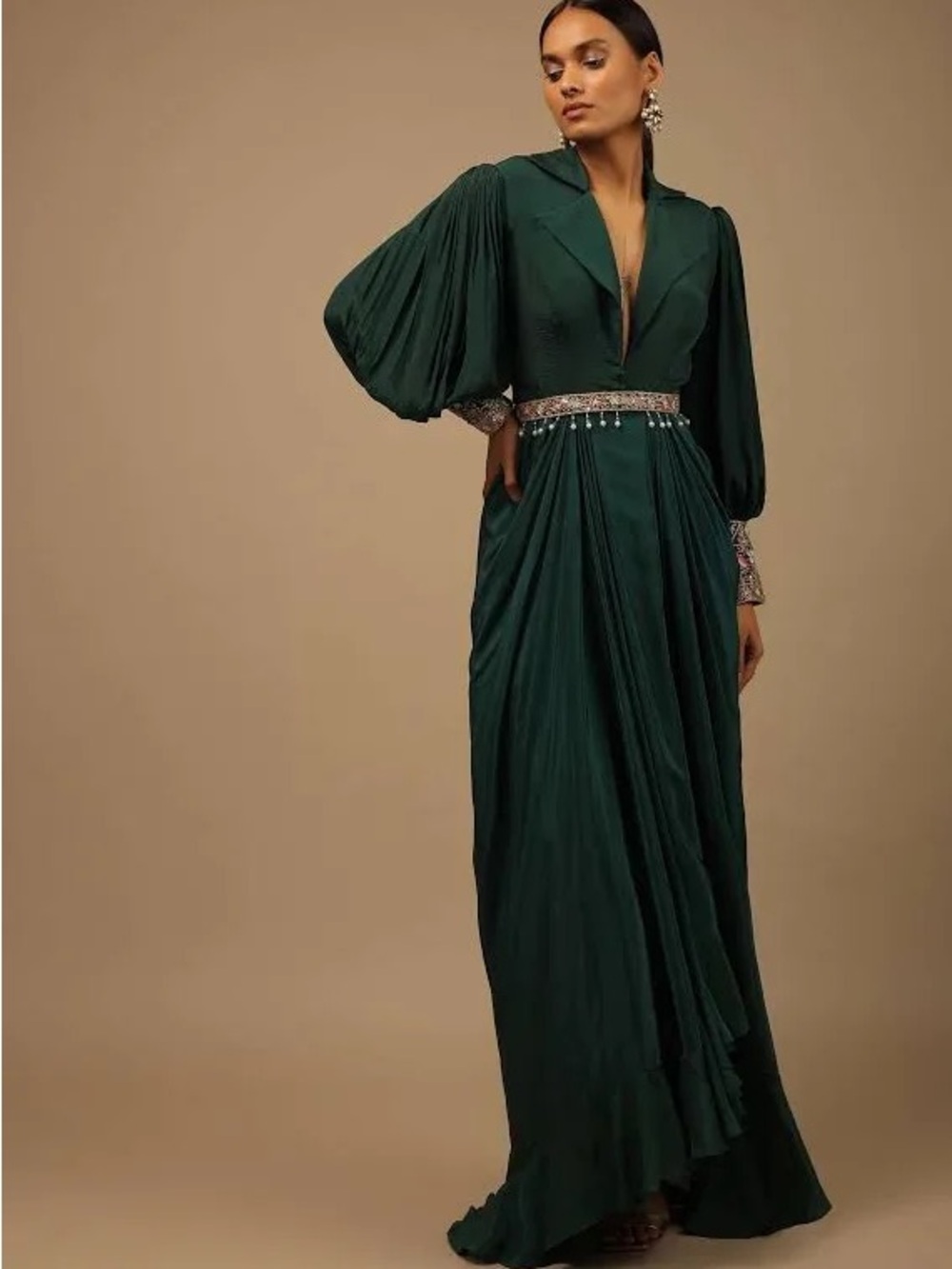 Emerald Green Long Sleeve Draped Evening Gown